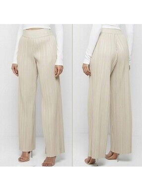 Maniere De Voir NWT High Waist Pleated Faux Leather Wide Leg Trouser Pants